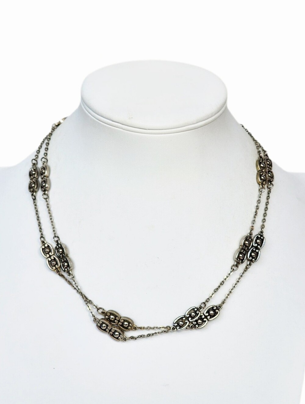 Double Strand Silver-Tone Decorative Link Necklace